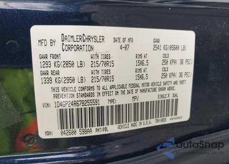2007 Dodge Grand Caravan Se from USA, damaged, VIN 1D4GP24R67B255591